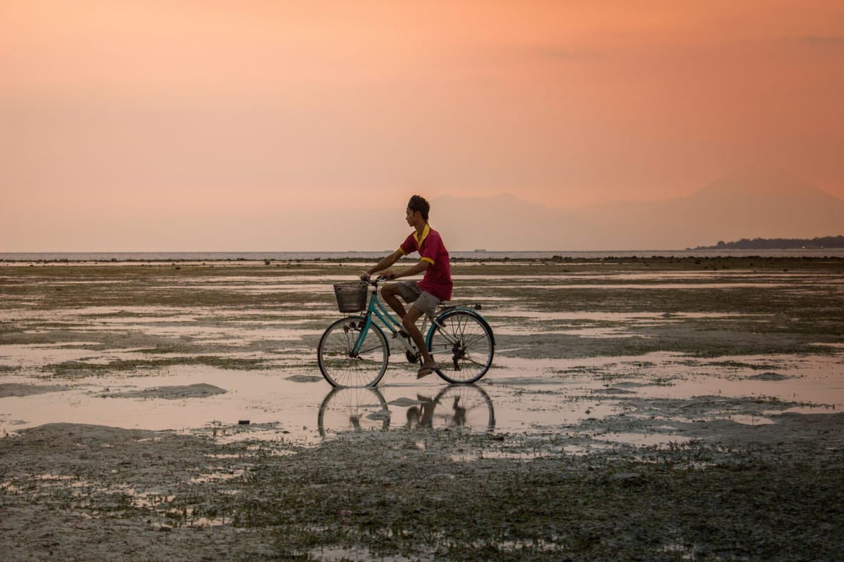A young man rides a bicycle on a wet road and against a sky orange with dust.