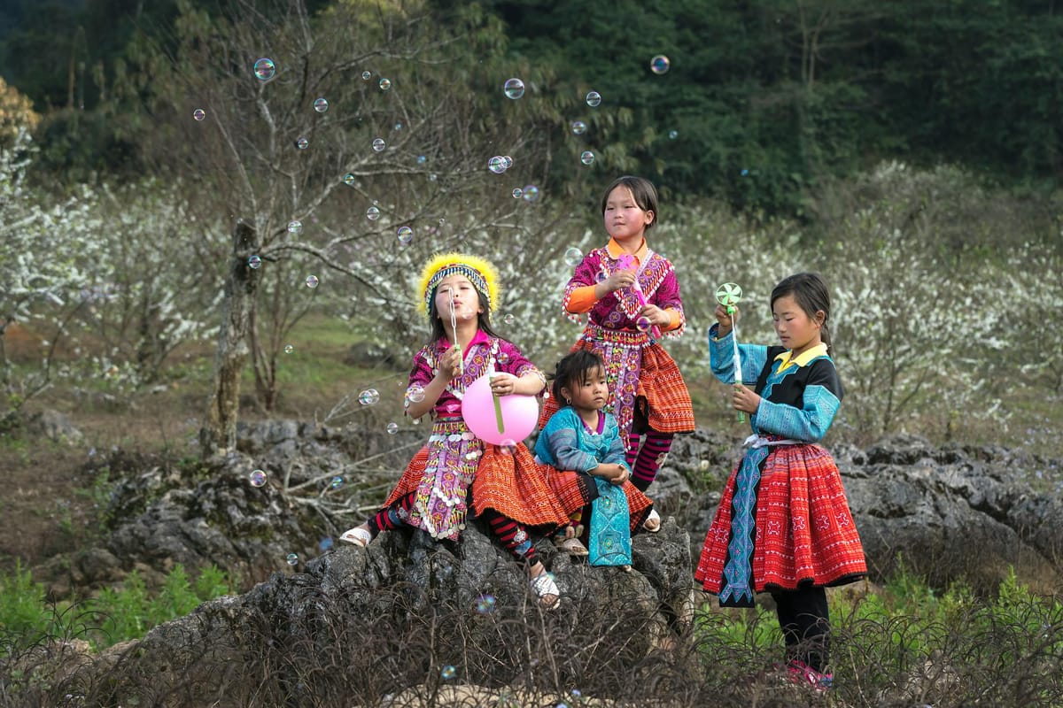 four girls in tribal dresses near grey rocks