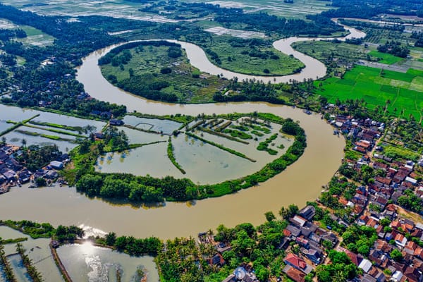 aerial view of river near houses and trees